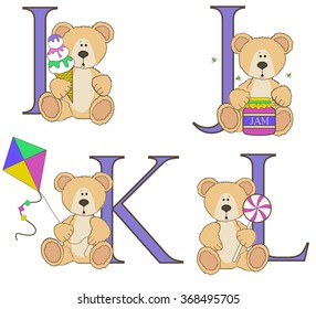 Teddy bear alphabet i j k l with illustrations