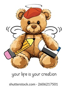 Teddy Bear Angel Artist with Pencil and Eraser Vector Illustration on White.