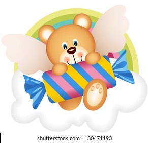 Teddy bear angel with candy on the cloud