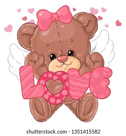 Teddy bear angel with letters love. Cute children's character.