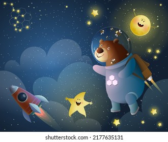 Teddy Bear astronaut with stars and sun or moon and rocket in cosmos, cute childish animal cartoon for kids. Cosmos and outer space adventure for children. Vector animals in space illustration.