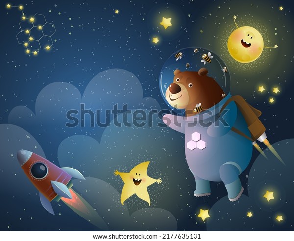 Teddy Bear astronaut with stars and sun or moon and rocket in cosmos, childish cartoon for kids. Cosmos and outer space adventure for kids. Vector animals in outer space mural illustration.