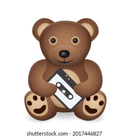 Teddy bear with audio cassette on a white background. Vector illustration.