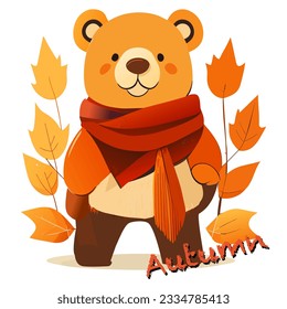 Teddy bear with autumn leaves. cute teddy bear and yellow leaves isolated on white background. Autumn concept