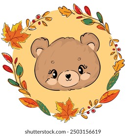 Oso de peluche Ilustración vectorial de otoño, mano dibujada linda impresión para el bebé, diseño de impresión de los niños