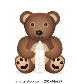 Oso de peluche con frasco de bebé de fondo blanco. Ilustración vectorial.