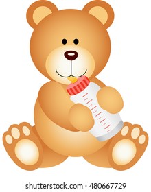 Teddy bear baby drinking milk from bottle
