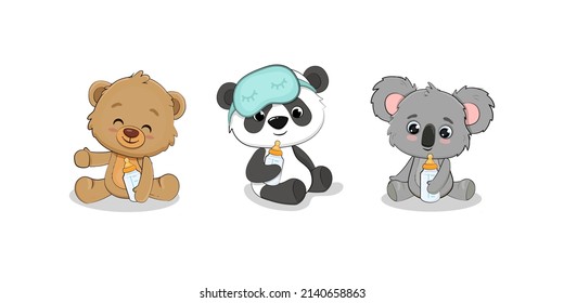 Teddy bear, baby panda and koala cub with milk bottle. Set of cartoon baby animals. Vector illustration