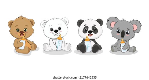 Teddy bear, baby panda, koala cub and polar bear with milk bottle. Set of cartoon baby animals. Vector illustration
