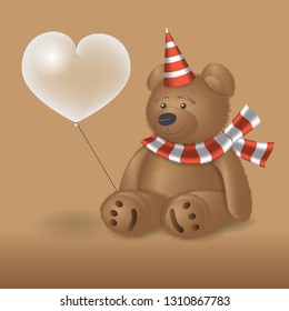 Teddy bear with ball sitting. The background color is brown..