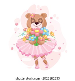 Teddy bear ballerina in a tutu with a bouquet of flowers. Vector illustration of a cute and dreamy girl teddy bear in a cartoon style.