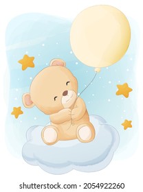 teddy bear with ballon illustration, watercolor animals Isolated on white background, for cover book, print, baby shower, nursery decorations, birthday invitations, poster, greeting card,