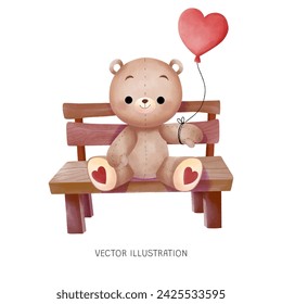 Teddy Bear with Ballon sitting Bench Wattercolor Illustration Hand Drawing 