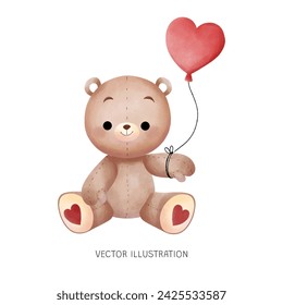 Teddy Bear with Ballon  Wattercolor Illustration Hand Drawing 