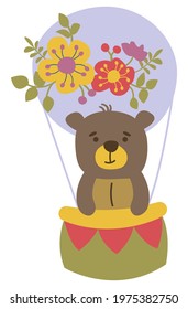 Teddy bear in a balloon. Boho style. Hand-drawn illustration. Vector. White background, isolate.	