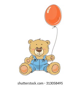 Teddy Bear with balloon. Color vector illustration