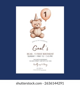 Teddy Bear Balloon First Birthday Invitation