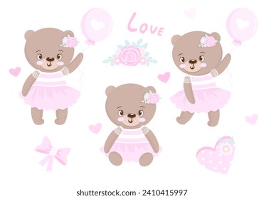 Teddybär mit Ballon, Blume. Bärensatz, sammlung.Cute baby bär girl. Bärenballerina, Ballett. Vektorgrafik einzeln auf weißem Hintergrund. Babydusche, Grußkarte, Geburtstag, Party, Druck