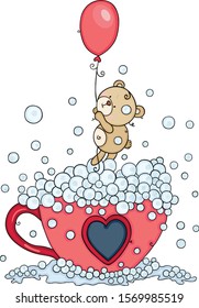 Teddy bear with balloon going out of tea cup with soap bubbles
