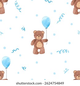 Teddy bear with balloon seamless pattern. Baby shower boy design. Vector watercolor illustration