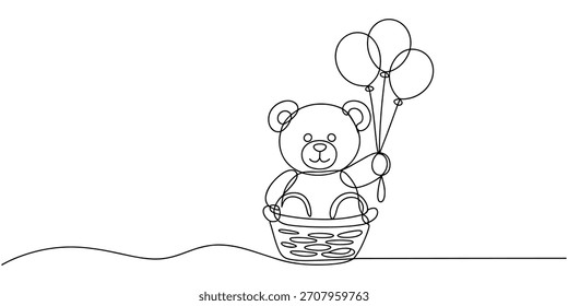 Oso de peluche con globos en el dibujo de la línea de la cesta - diseño de arte continuo caprichoso lindo