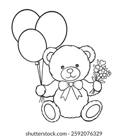 Teddy Bear with Balloons and a Bouquet of Flowers. Black and white illustration, outline, line, coloring, colorless, line art, vector