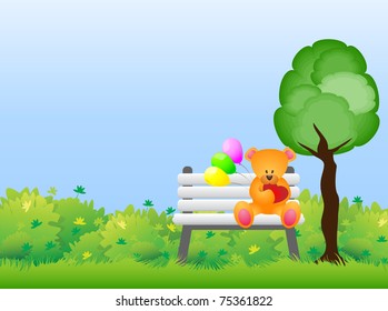 Teddy bear with balloons and teddy heart sitting on a white bench in the park