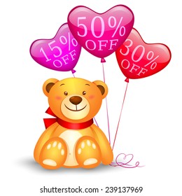 Teddy bear with balloons, with indicated discount on them