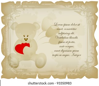 Teddy bear with balloons and red heart on sheet in vintage style