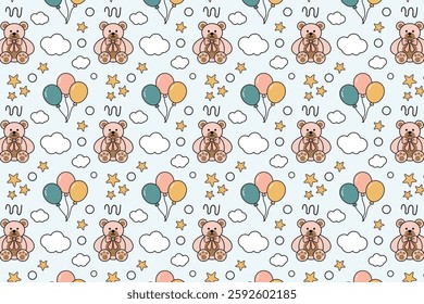 Teddy bear with balloons and stars and clouds cute design seamless repeat pattern