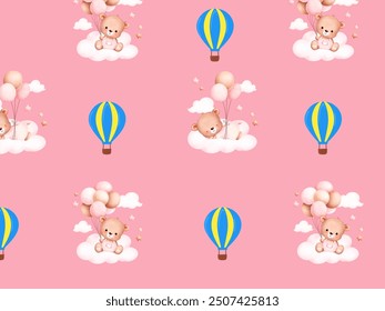 Teddy bear with baloon and blue hot air baloon on the pink background.