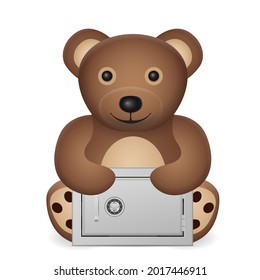 Oso de peluche con caja fuerte en un fondo blanco. Ilustración vectorial.