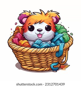 Teddy bear with basket filled with colorful. background for greeting cards.illustration