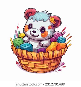 Teddy bear with basket filled with colorful. background for greeting cards.illustration