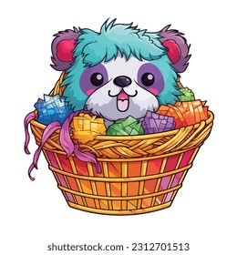 Teddy bear with basket filled with colorful. background for greeting cards.illustration