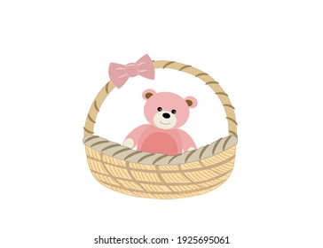 Oso de peluche en la canasta con cinta rosa sobre fondo blanco para los festivales de Año Nuevo, cumpleaños, concepto de Navidad .