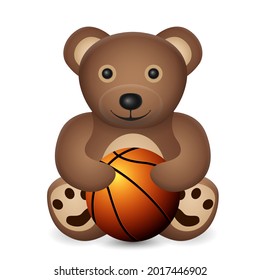 Teddy bear with basketball ball on a white background. Vector illustration.
