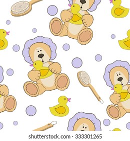 Teddy bear bath time in bath hat and rubber duck card