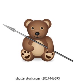 Oso de peluche con lanza de batalla sobre fondo blanco. Ilustración vectorial.