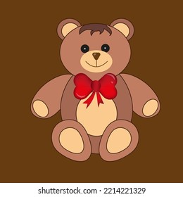 Teddy bear with beautiful red bow on brown background. Smile bear toy for children shop. Valentines day concept. 