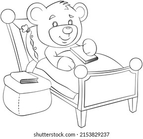 Teddy bear in bed. Element for coloring page. Cartoon style.