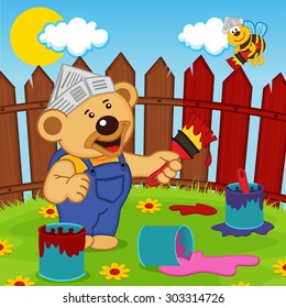 teddy bear and bee painter  - vector illustration, eps