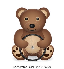 Teddy bear with bicycle tyre on a white background. Vector illustration.