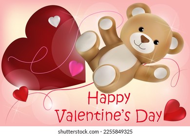 Teddy bear and a big heart on a pink background with the inscription Happy Valentine's Day. Vector image