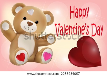 Teddy bear and a big heart on a pink background with the inscription Happy Valentine's Day. Vector image
