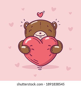 Teddy bear with big red heart in doodle style on pink background with hearts