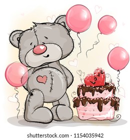 Teddy bear birthday boy gets a cake as a gift. Background with balloons