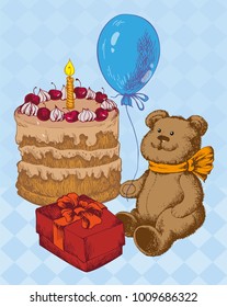 Teddy Bear with Birthday Cake and Balloon Line Illustration