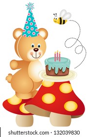 Teddy bear and birthday cake on mushrooms