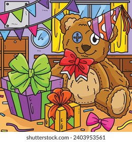 Teddy Bear with a Birthday Gift Colored Cartoon 